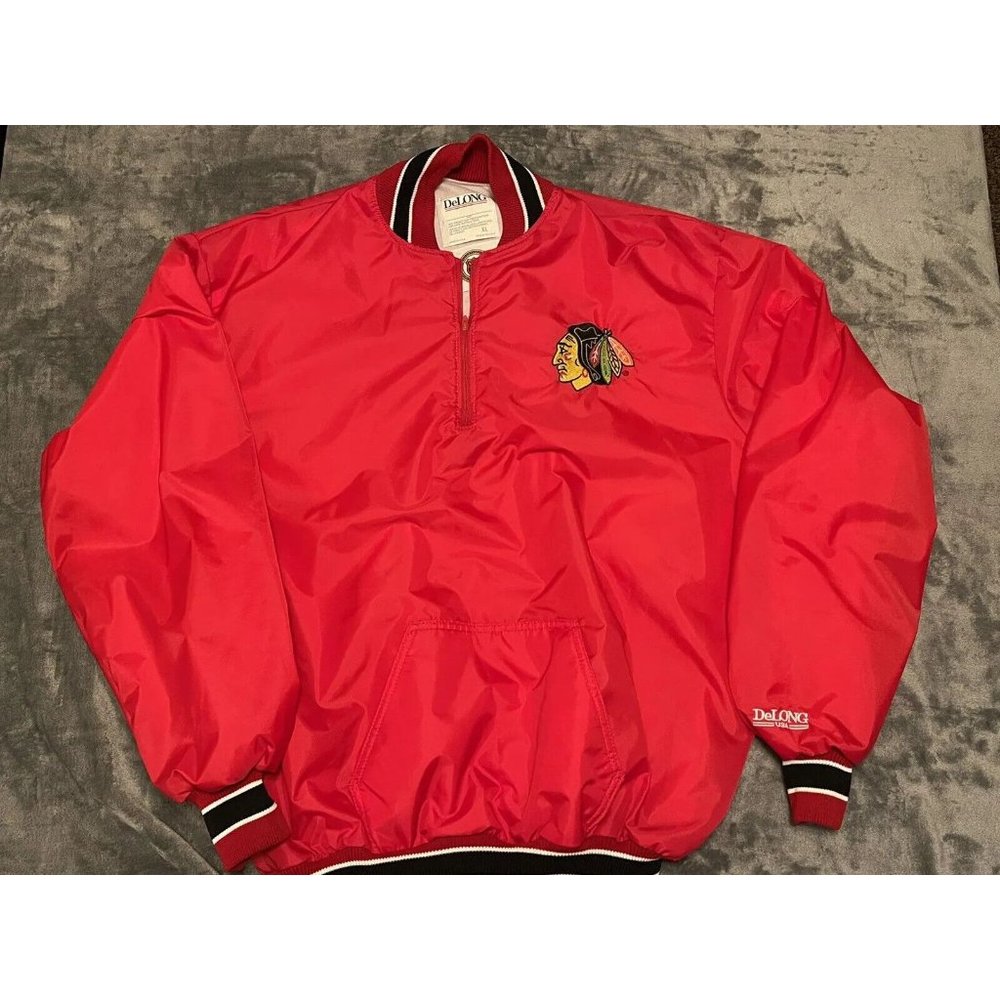 Vintage DeLong Pullover Windbreaker Jacket Chicago Blackhawks Red Size Mens XL